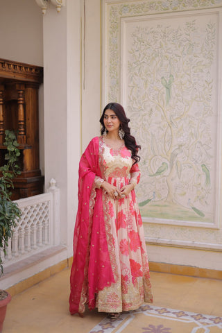 Pink Digital Printed Silk Anarkali Gown Clothsvilla