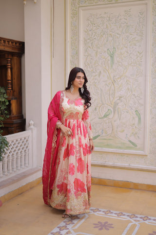 Pink Digital Printed Silk Anarkali Gown Clothsvilla