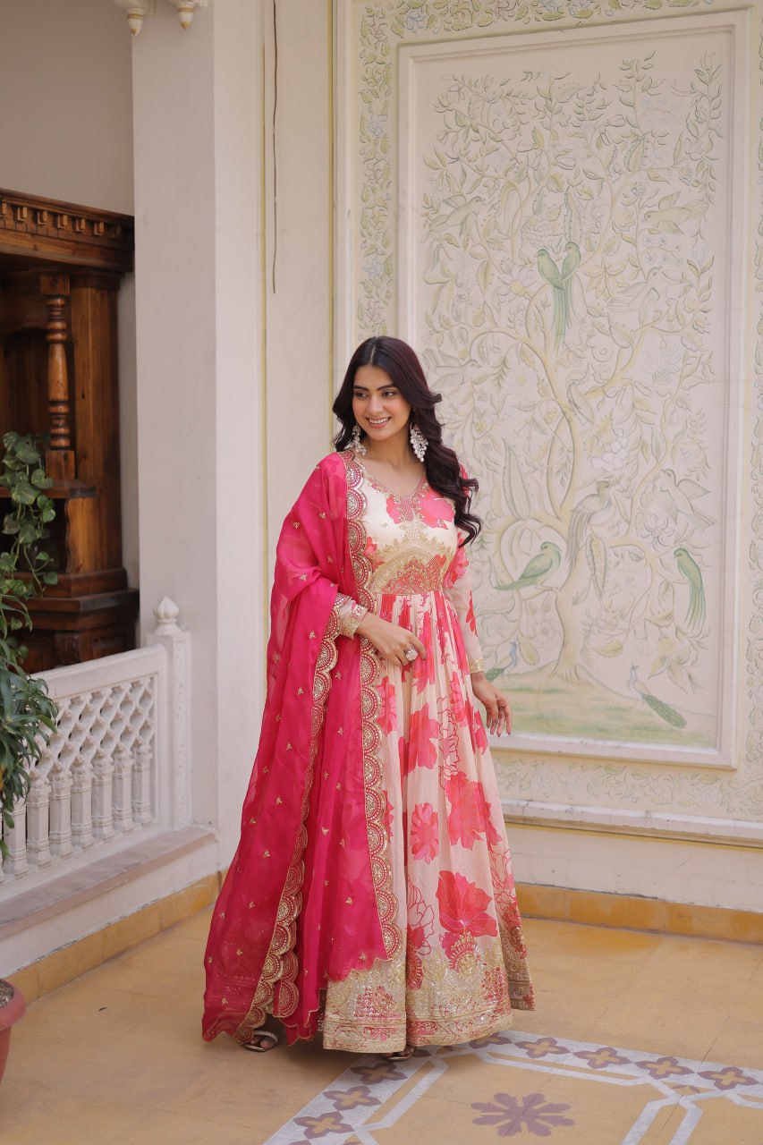 Pink Digital Printed Silk Anarkali Gown Clothsvilla