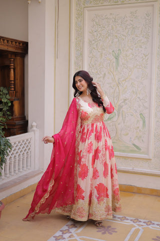 Pink Digital Printed Silk Anarkali Gown Clothsvilla