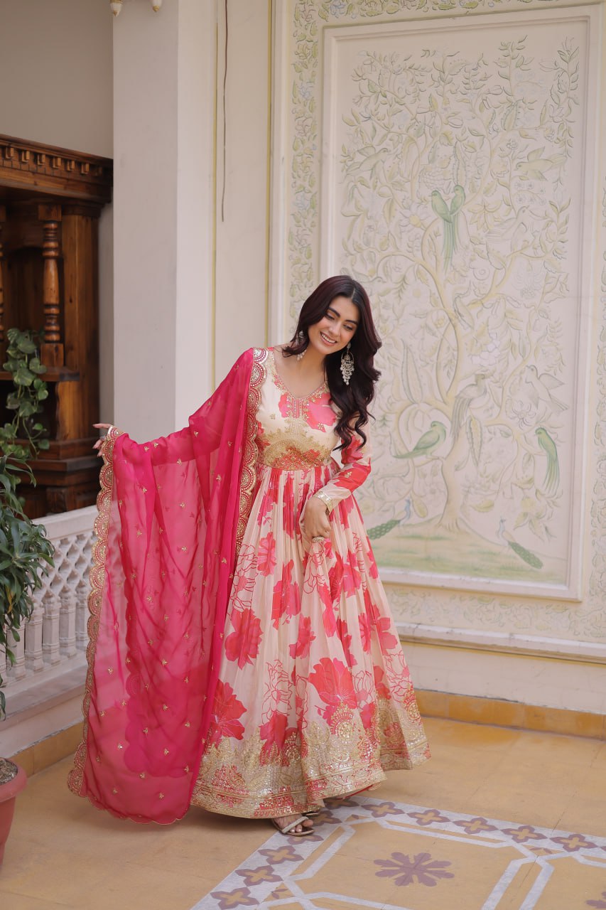 Pink Digital Printed Silk Anarkali Gown Clothsvilla