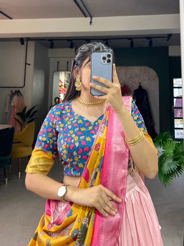 Pink Dola Silk Lehenga Choli with Kalamkari Print & Weaving Border ClothsVilla