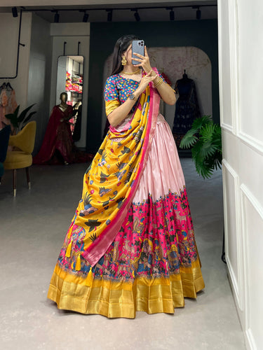 Pink Dola Silk Lehenga Choli with Kalamkari Print & Weaving Border ClothsVilla