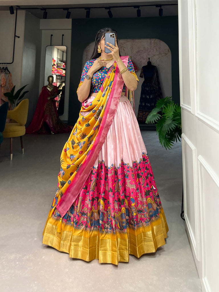 Pink Dola Silk Lehenga Choli with Kalamkari Print & Weaving Border ClothsVilla