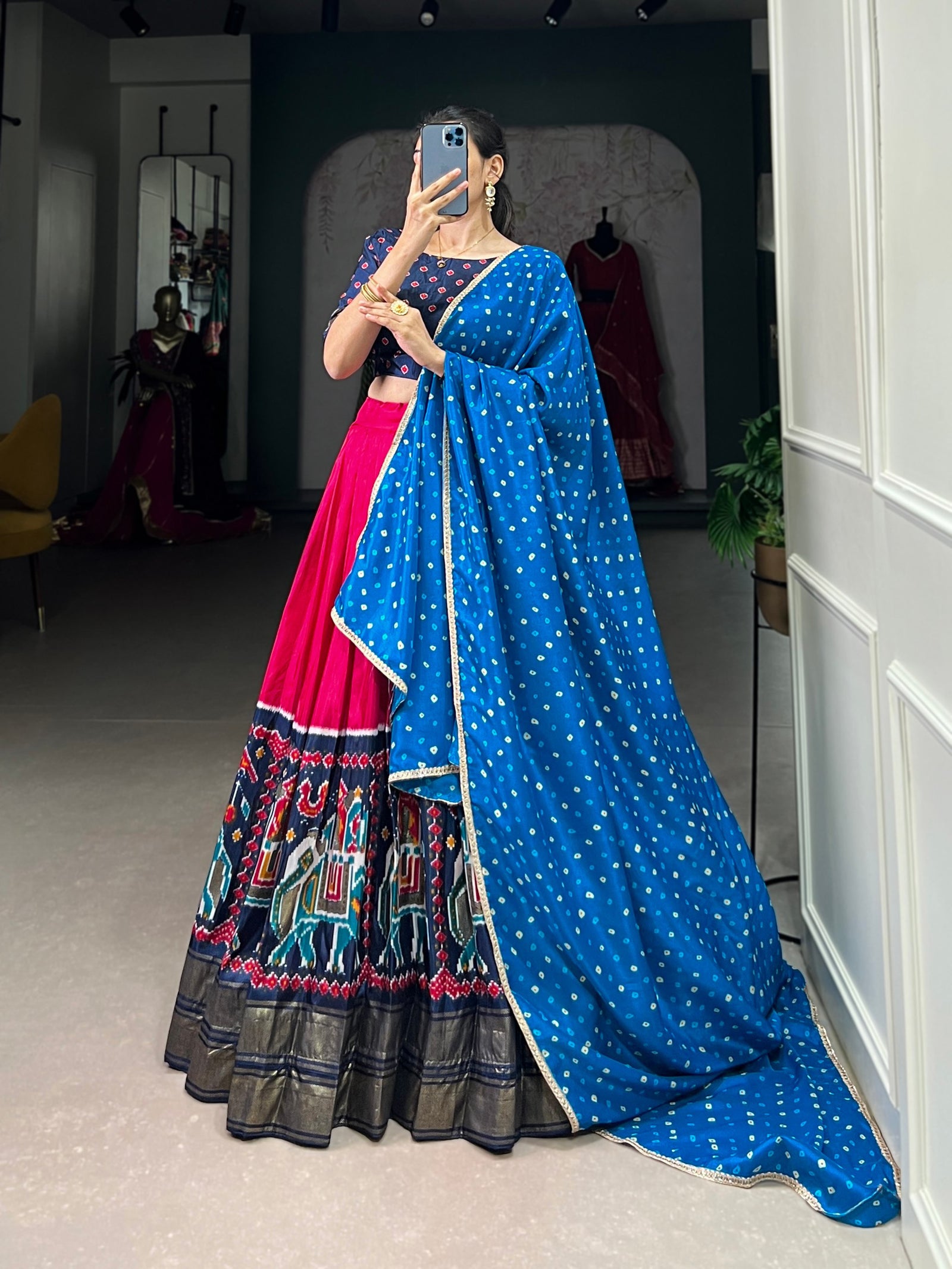 Pink Dola Silk Lehenga Choli with Patola Prints & Bandhej Dupatta – A Timeless Ethnic Ensemble