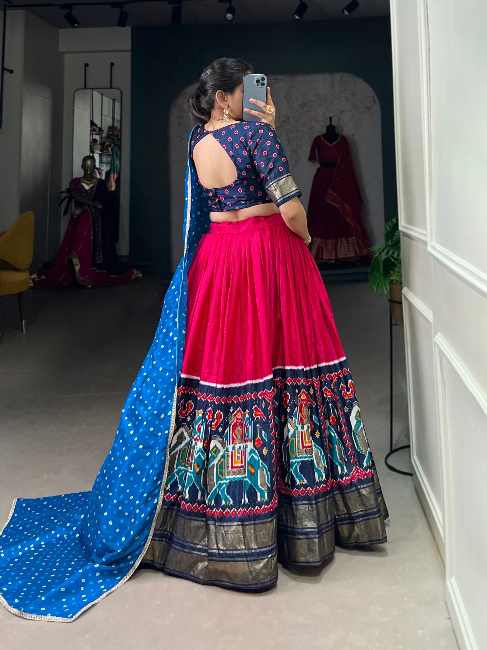 Pink Dola Silk Lehenga Choli with Patola Prints & Bandhej Dupatta – A Timeless Ethnic Ensemble