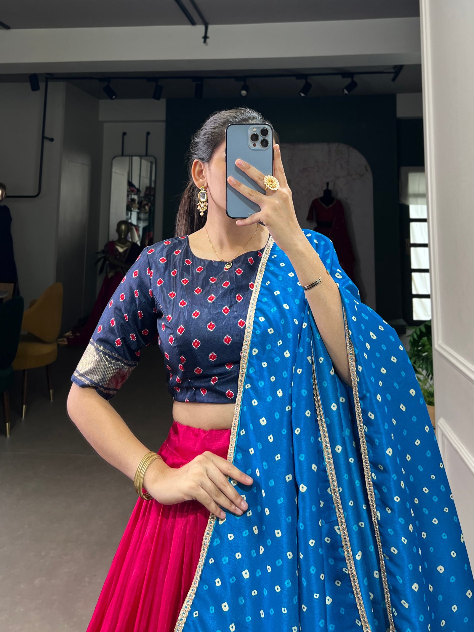 Pink Dola Silk Lehenga Choli with Patola Prints & Bandhej Dupatta – A Timeless Ethnic Ensemble