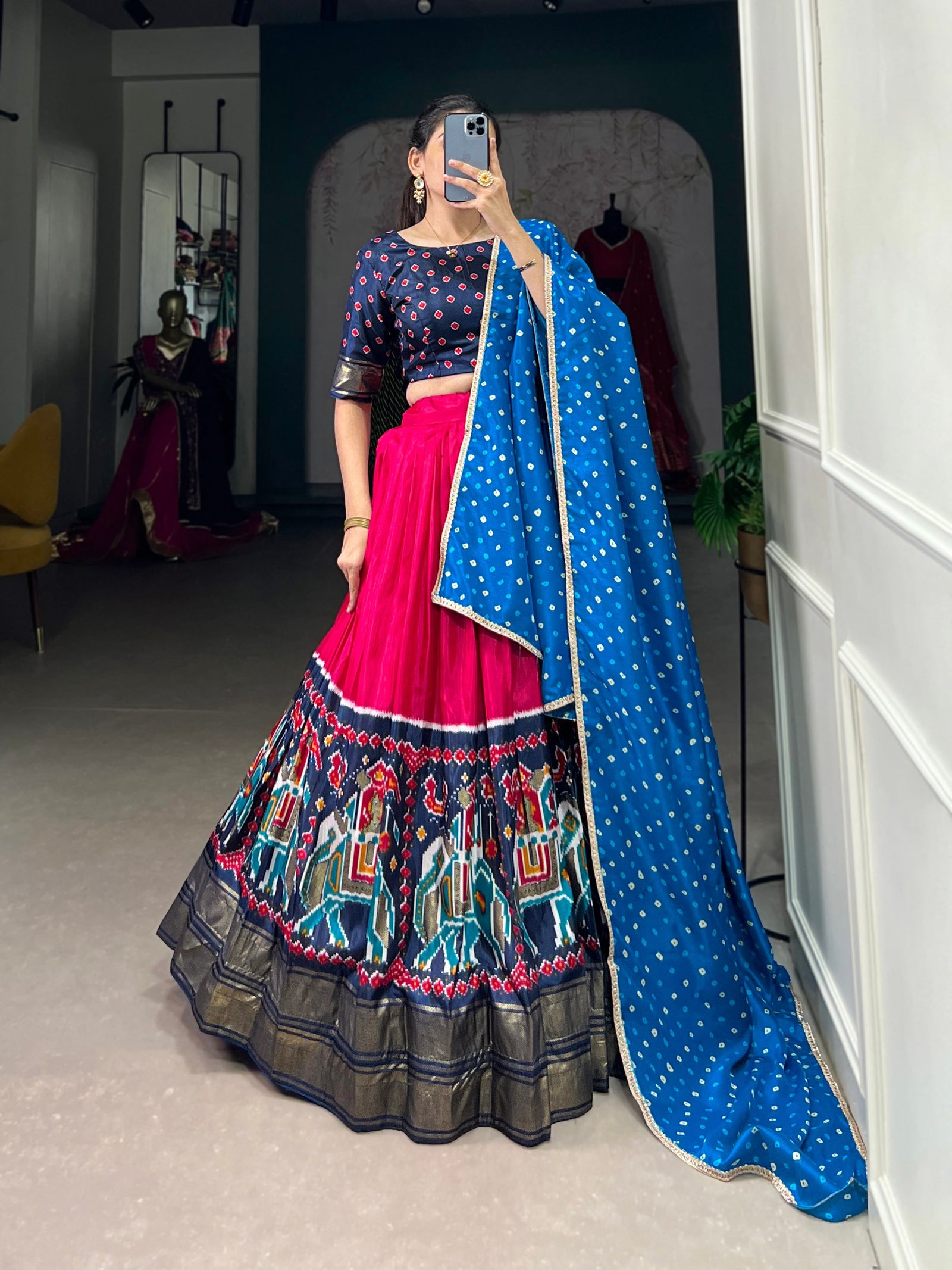 Pink Dola Silk Lehenga Choli with Patola Prints & Bandhej Dupatta – A Timeless Ethnic Ensemble