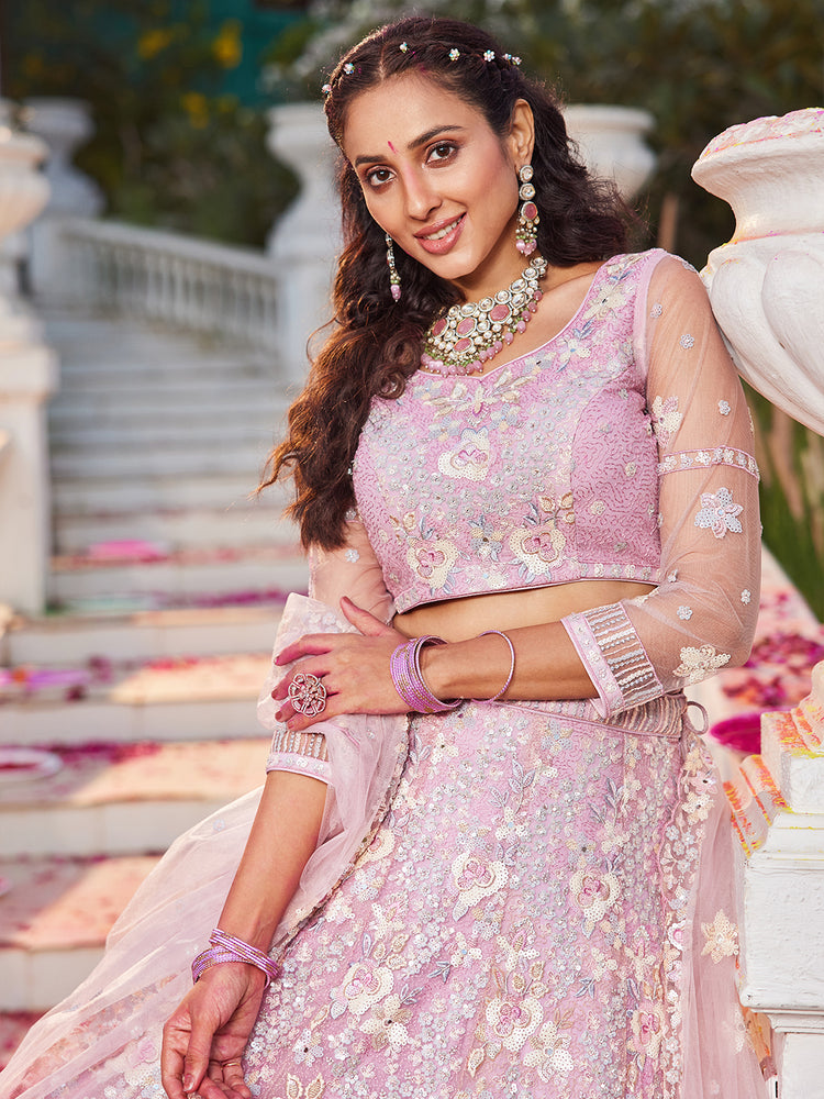 Pink Double Sequin Embroidered Net Lehenga Choli Dupatta Set with Mirror & Thread Work ClothsVilla