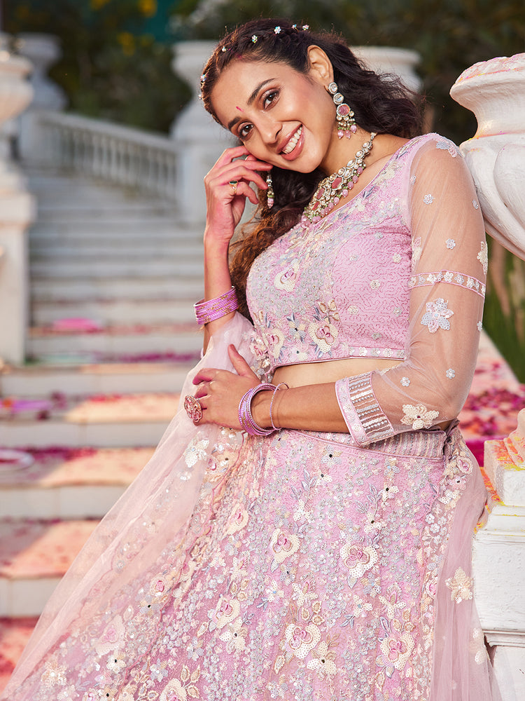 Pink Double Sequin Embroidered Net Lehenga Choli Dupatta Set with Mirror & Thread Work ClothsVilla