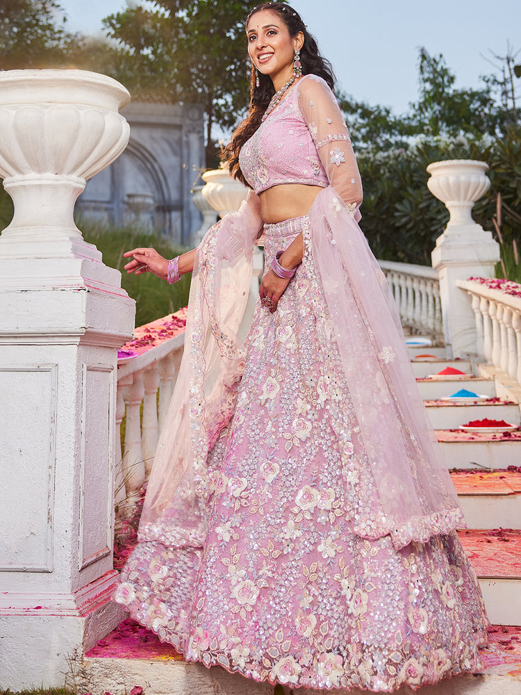 Pink Double Sequin Embroidered Net Lehenga Choli Dupatta Set with Mirror & Thread Work ClothsVilla