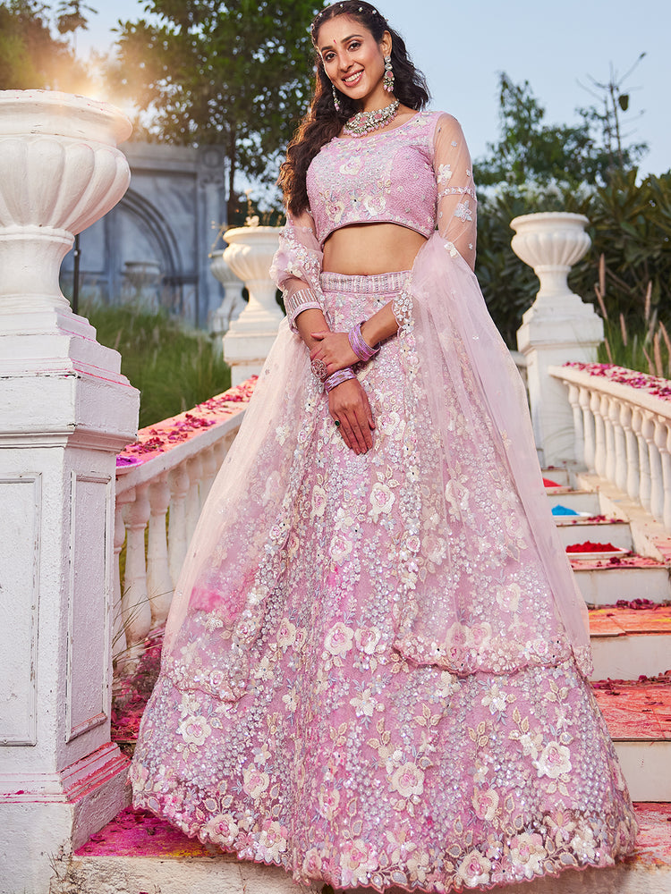 Pink Double Sequin Embroidered Net Lehenga Choli Dupatta Set with Mirror & Thread Work ClothsVilla