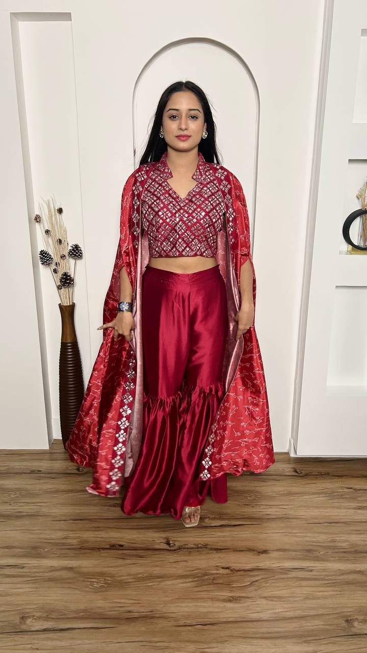 Pink Elegant 3-Piece Sharara Set with Slub Silk Koti & Thai Silk Blouse ClothsVilla Main image