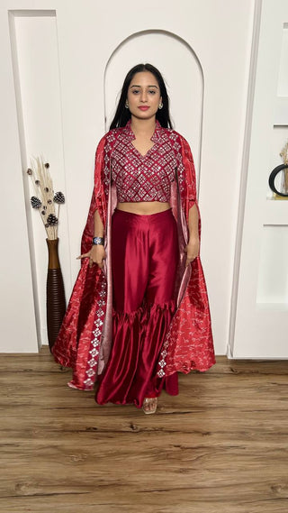Pink Elegant 3-Piece Sharara Set with Slub Silk Koti & Thai Silk Blouse ClothsVilla
