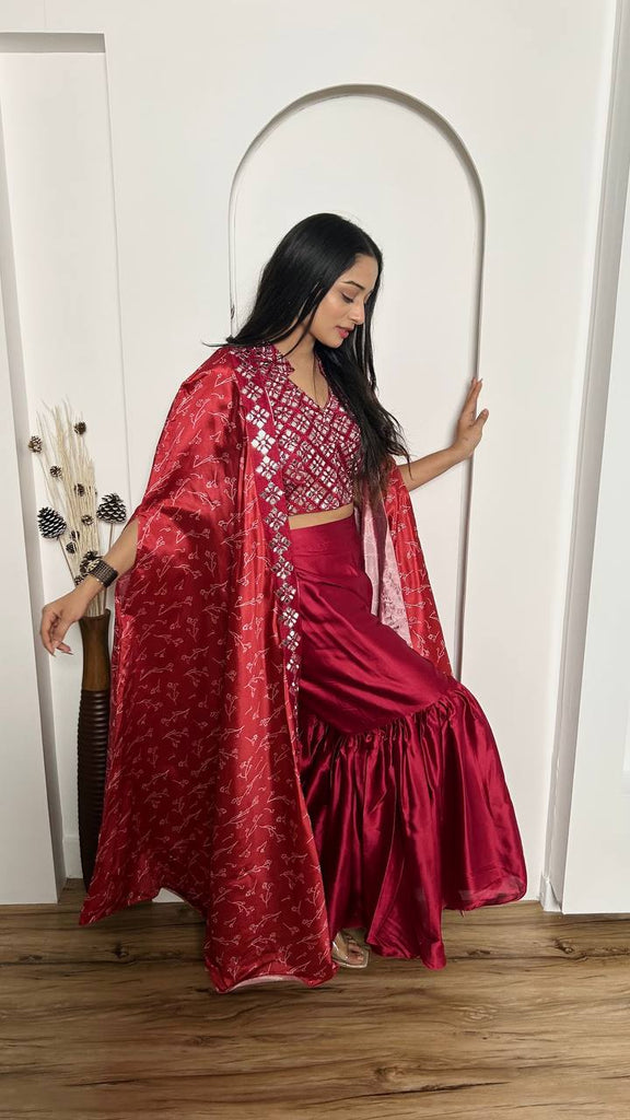 Pink Elegant 3-Piece Sharara Set with Slub Silk Koti & Thai Silk Blouse ClothsVilla