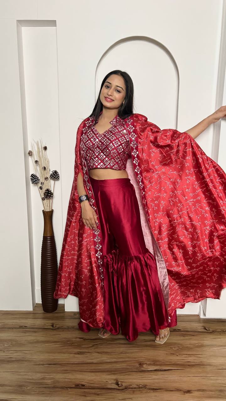 Pink Elegant 3-Piece Sharara Set with Slub Silk Koti & Thai Silk Blouse ClothsVilla
