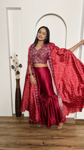 Pink Elegant 3-Piece Sharara Set with Slub Silk Koti & Thai Silk Blouse ClothsVilla