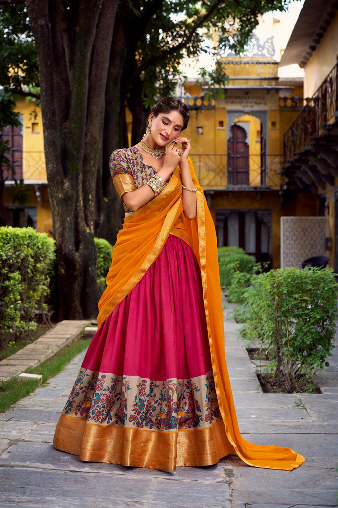 Pink Elegant Aastha Silk Printed Lehenga Choli Set with Zari Weaving and Georgette Dupatta – Stitched Ensemble ClothsVilla
