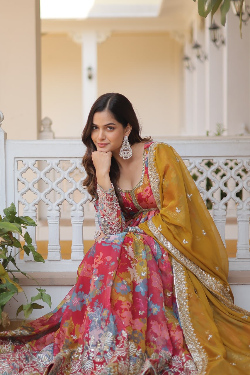 Pink Elegant Alia Cut Gown | Digital Print & Sequins | Readymade Luxury Look ClothsVilla