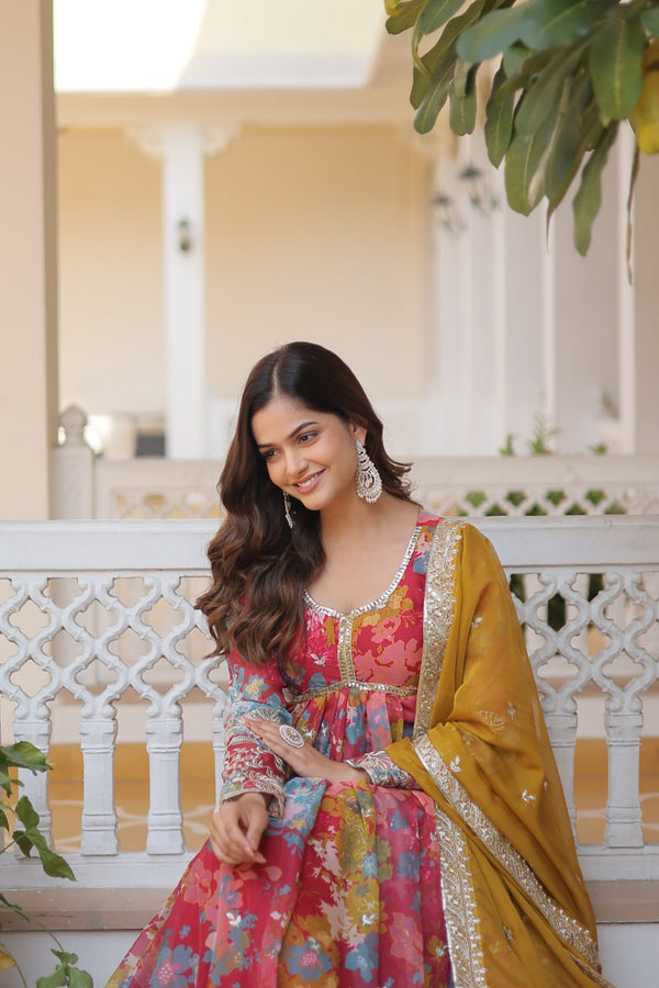 Pink Elegant Alia Cut Gown | Digital Print & Sequins | Readymade Luxury Look ClothsVilla