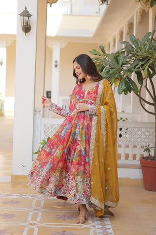 Pink Elegant Alia Cut Gown | Digital Print & Sequins | Readymade Luxury Look ClothsVilla