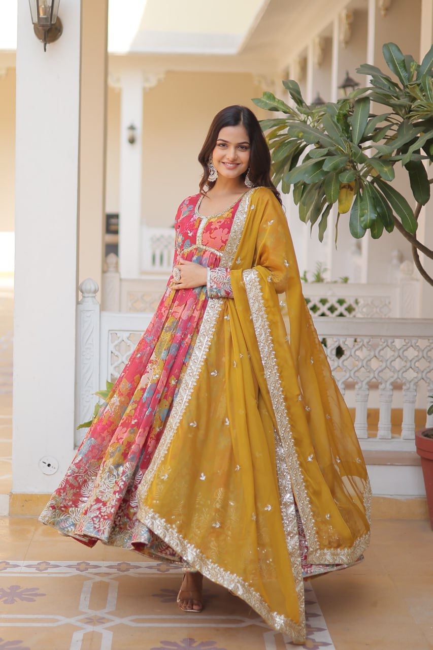 Pink Elegant Alia Cut Gown | Digital Print & Sequins | Readymade Luxury Look ClothsVilla