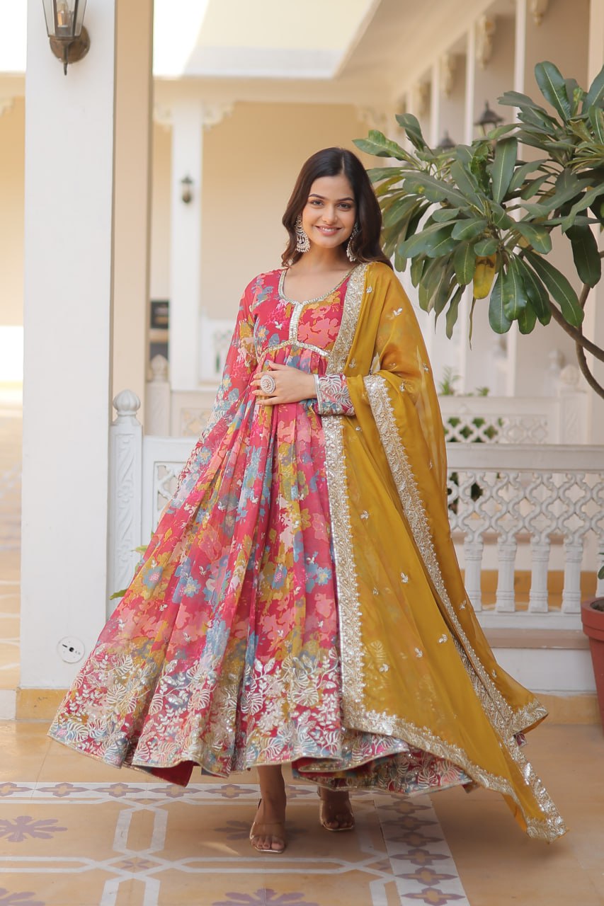 Pink Elegant Alia Cut Gown | Digital Print & Sequins | Readymade Luxury Look ClothsVilla