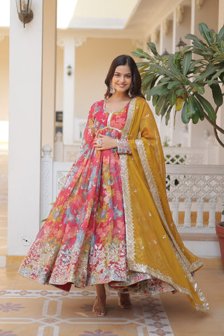 Pink Elegant Alia Cut Gown | Digital Print & Sequins | Readymade Luxury Look ClothsVilla
