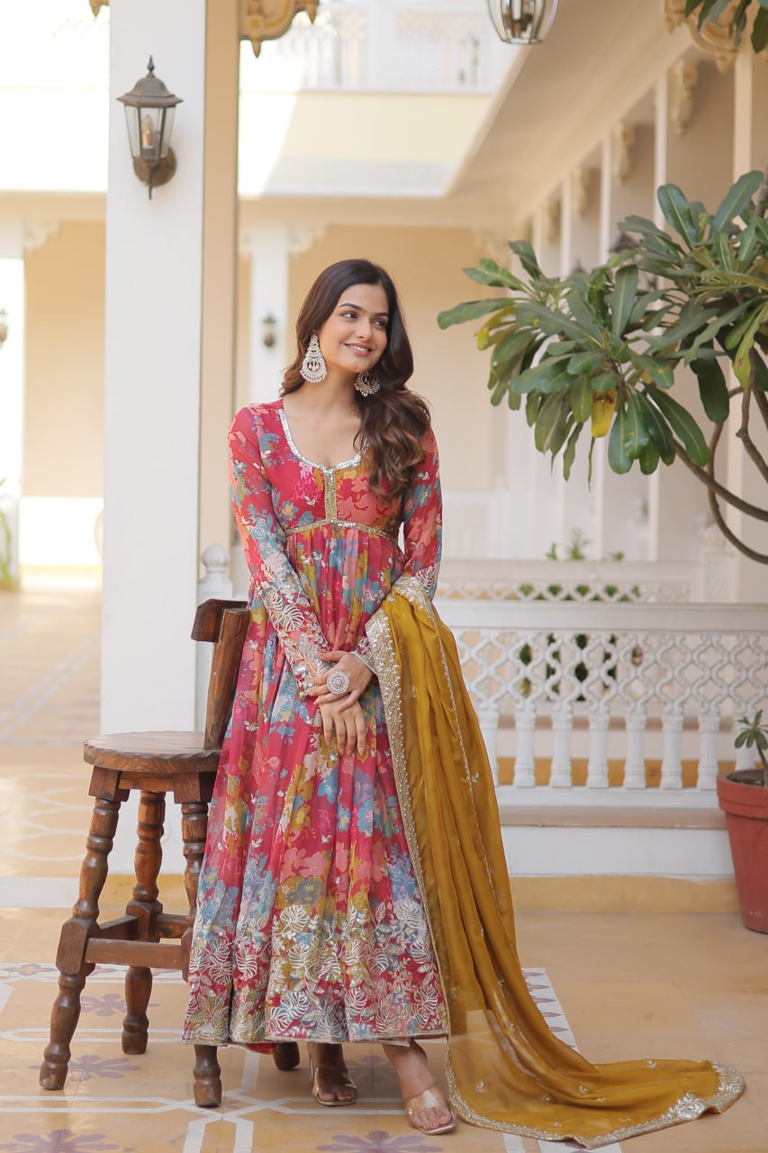 Pink Elegant Alia Cut Gown | Digital Print & Sequins | Readymade Luxury Look ClothsVilla