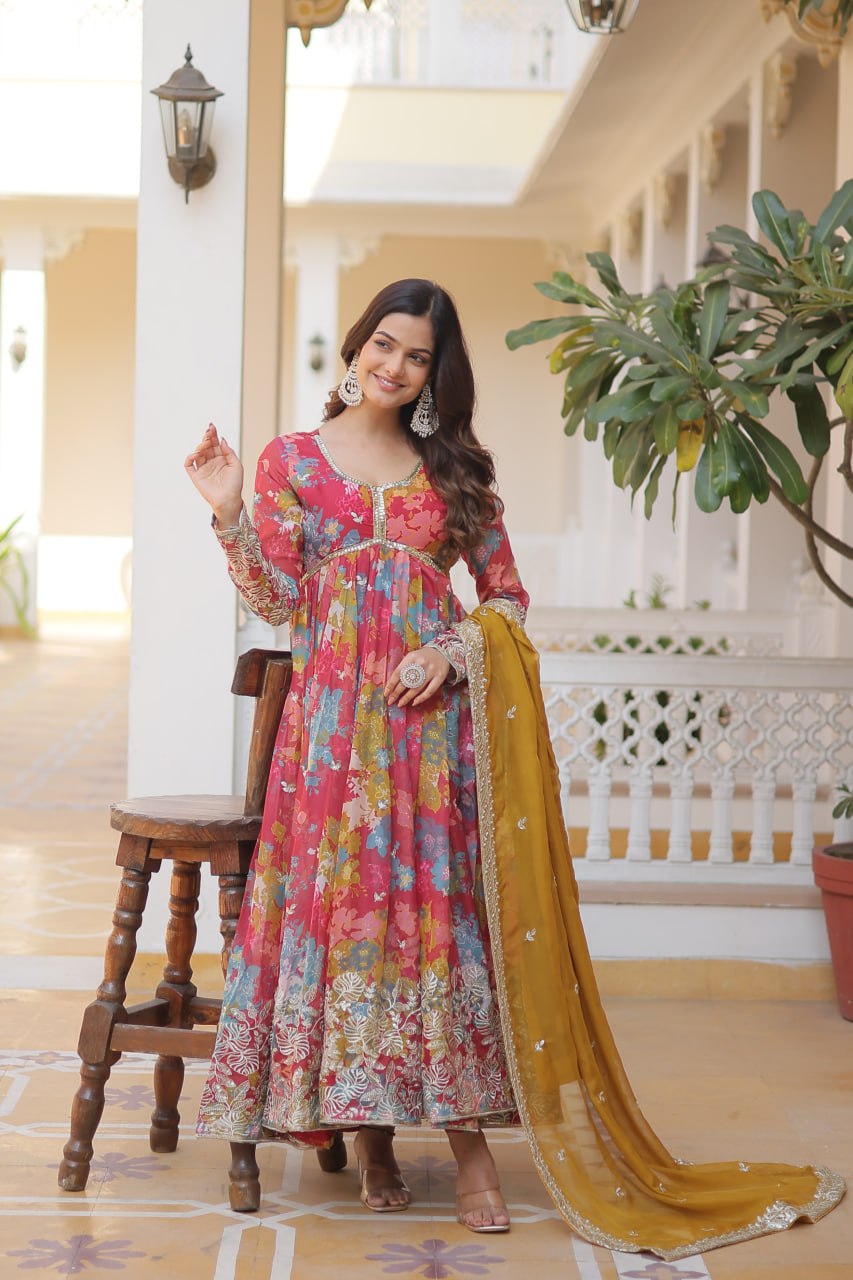 Pink Elegant Alia Cut Gown | Digital Print & Sequins | Readymade Luxury Look ClothsVilla