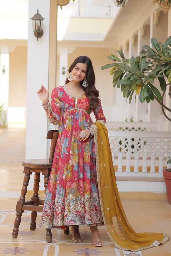 Pink Elegant Alia Cut Gown | Digital Print & Sequins | Readymade Luxury Look ClothsVilla