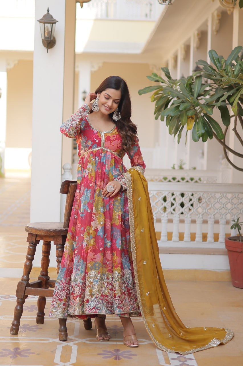 Pink Elegant Alia Cut Gown | Digital Print & Sequins | Readymade Luxury Look ClothsVilla