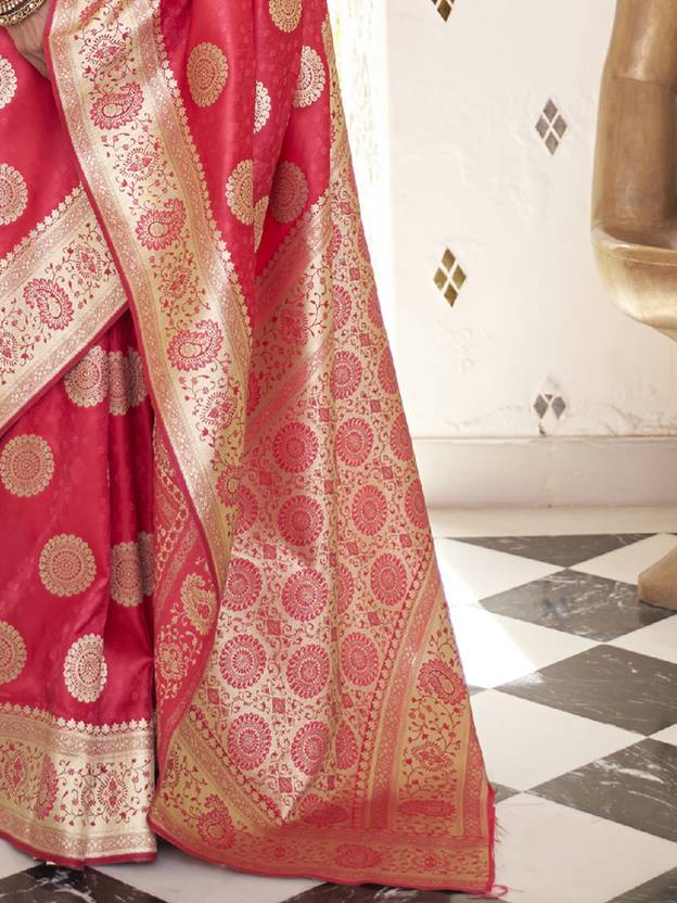 Pink Elegant Banarasi Satin Saree with Unstitched Blouse Piece ClothsVilla