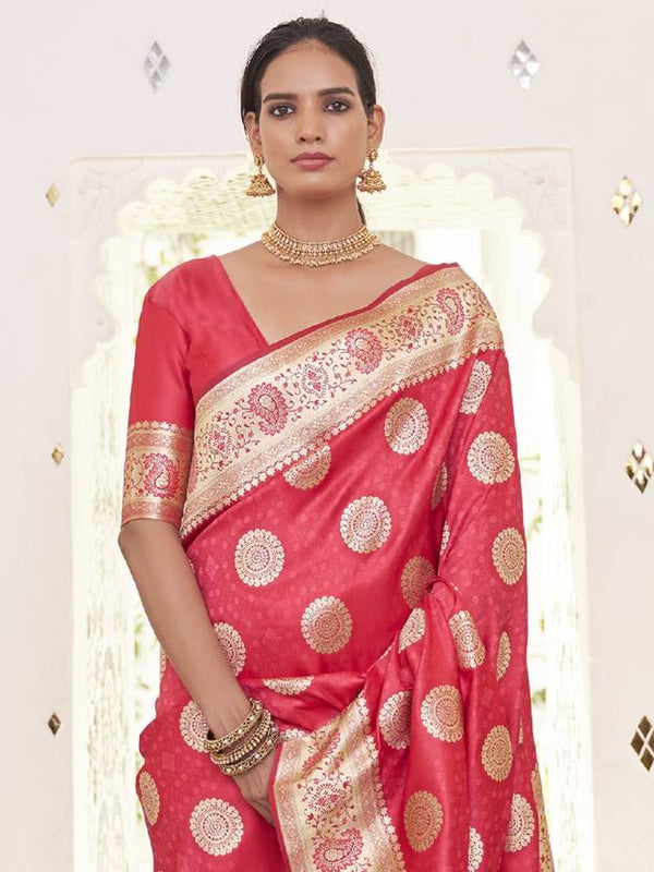 Pink Elegant Banarasi Satin Saree with Unstitched Blouse Piece ClothsVilla