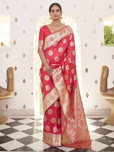 Pink Elegant Banarasi Satin Saree with Unstitched Blouse Piece ClothsVilla Main image