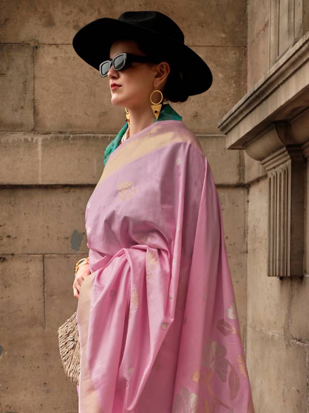 Pink Elegant Banarasi Silk Blend Saree with Tassel Detailing – Unstitched Blouse Piece ClothsVilla