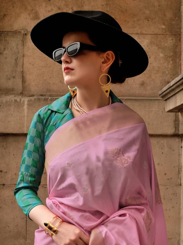 Pink Elegant Banarasi Silk Blend Saree with Tassel Detailing – Unstitched Blouse Piece ClothsVilla