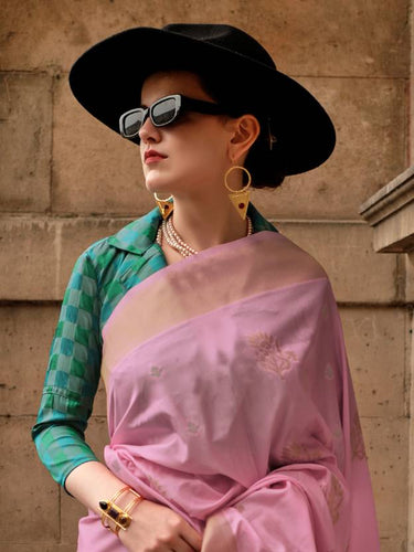 Pink Elegant Banarasi Silk Blend Saree with Tassel Detailing – Unstitched Blouse Piece ClothsVilla
