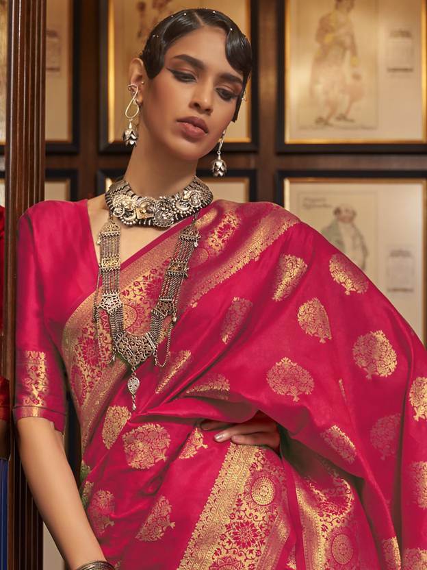 Pink Printed Silk Blend Saree With Unstitched Blouse Piece main image 1