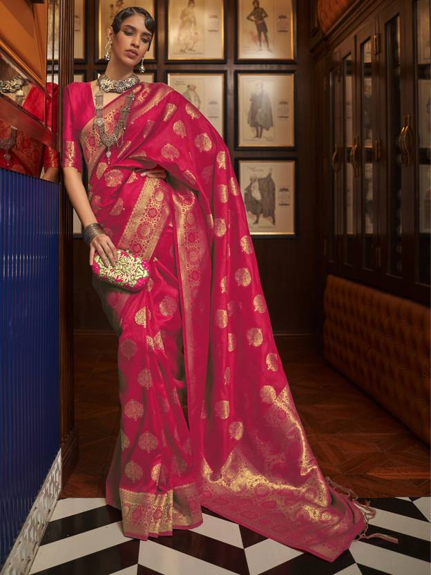 Pink Elegant Banarasi Silk Blend Saree with Unstitched Blouse Piece ClothsVilla