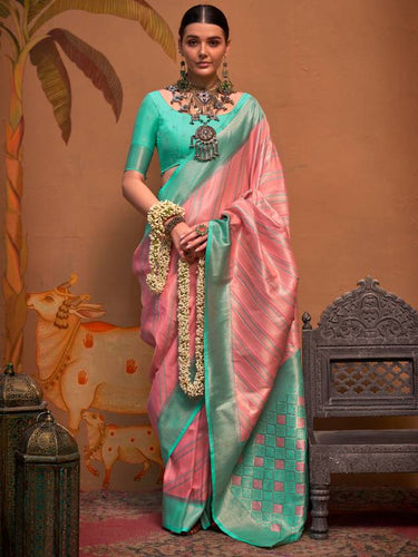 Pink Elegant Banarasi Silk Blend Saree with Unstitched Blouse ClothsVilla