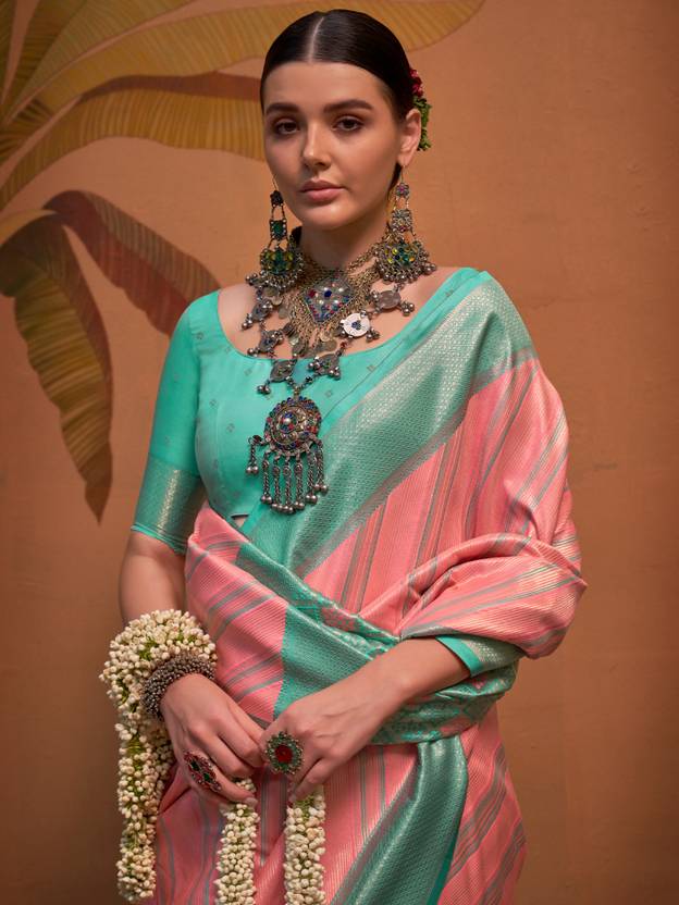 Pink Elegant Banarasi Silk Blend Saree with Unstitched Blouse ClothsVilla