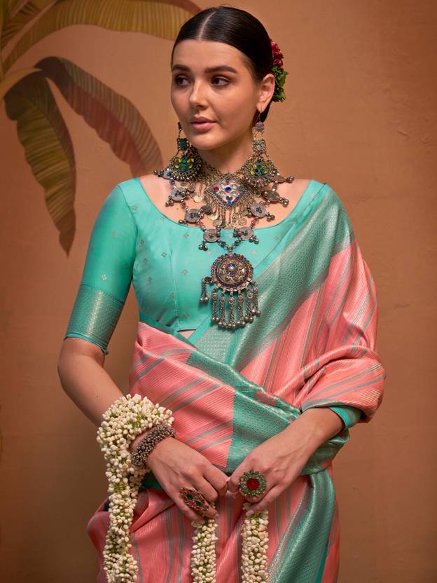 Pink Elegant Banarasi Silk Blend Saree with Unstitched Blouse ClothsVilla
