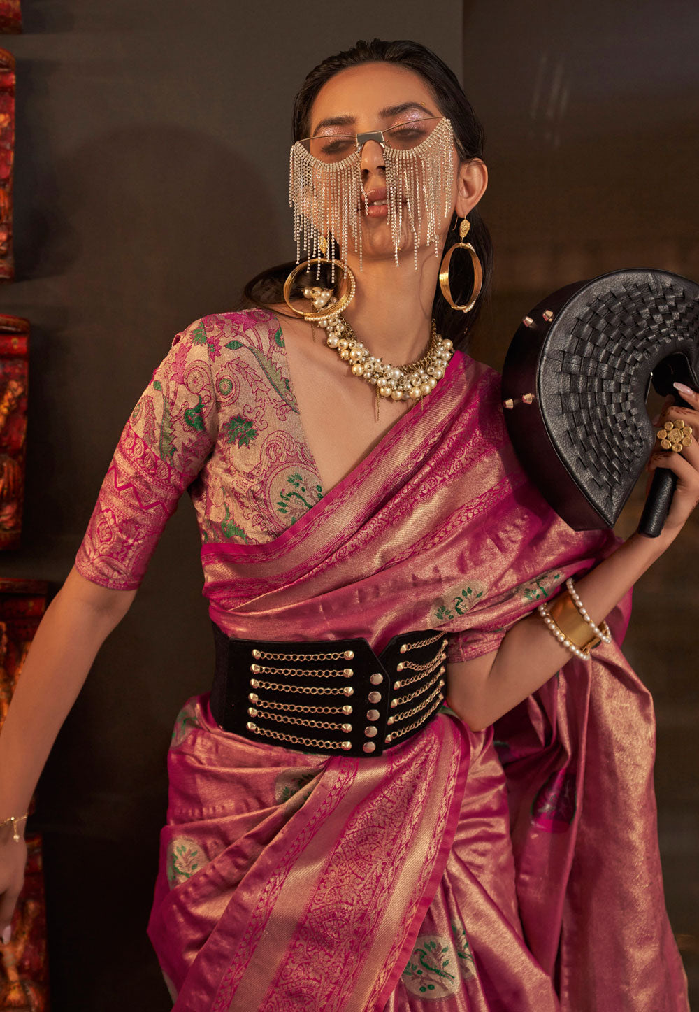 Pink Elegant Banarasi Silk Blend Saree with Woven Design & Tassel Detailing Secondary image