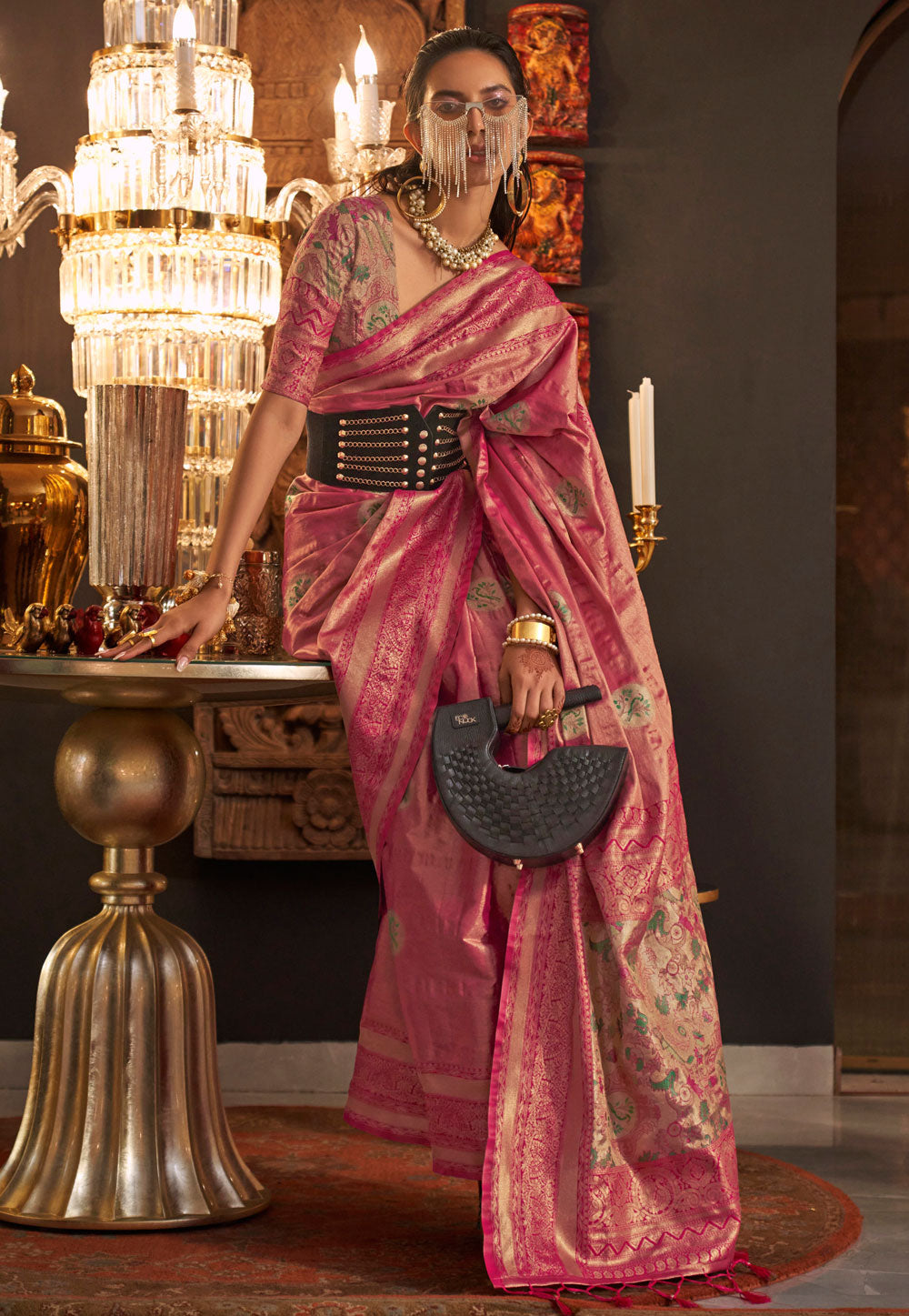 Pink Elegant Banarasi Silk Blend Saree with Woven Design & Tassel Detailing ClothsVilla Main image