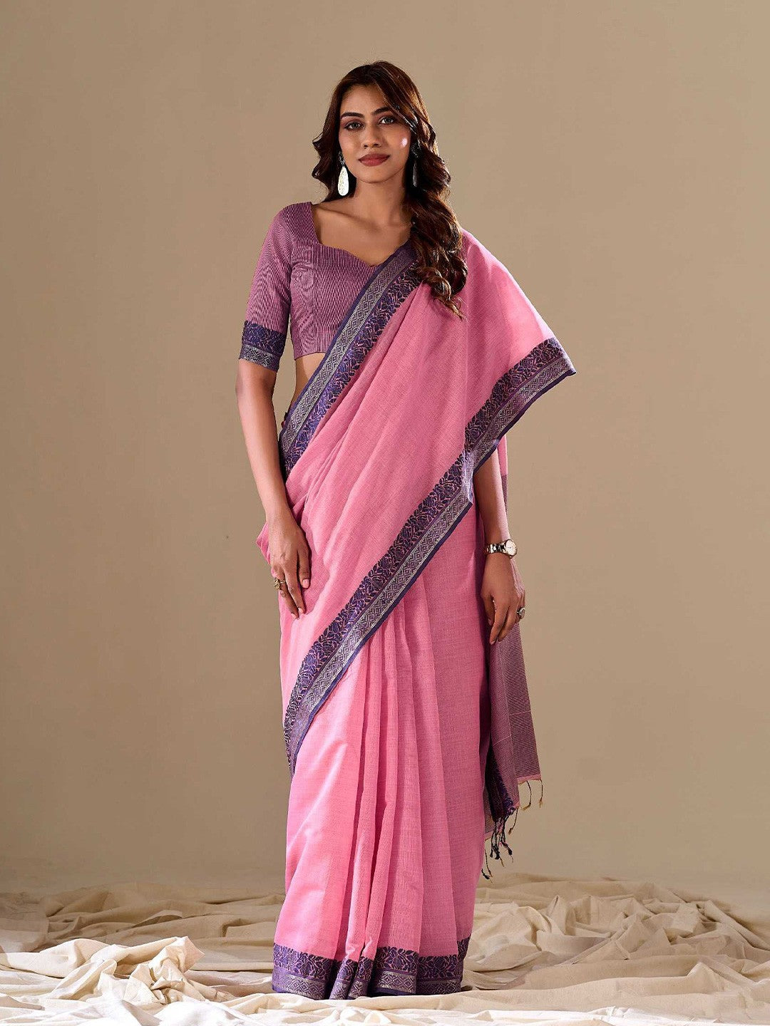 Pink Elegant Banarasi Silk Blend Saree with Zari Woven Border ClothsVilla