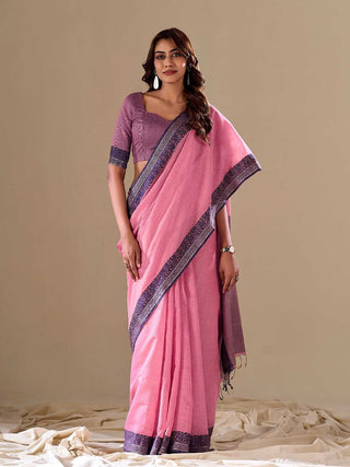 Pink Elegant Banarasi Silk Blend Saree with Zari Woven Border ClothsVilla