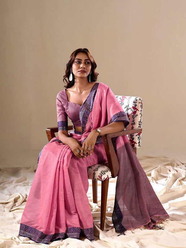 Pink Elegant Banarasi Silk Blend Saree with Zari Woven Border ClothsVilla