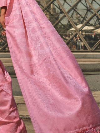 Pink Elegant Banarasi Silk Blend Woven Saree with Tassel Detailing ClothsVilla