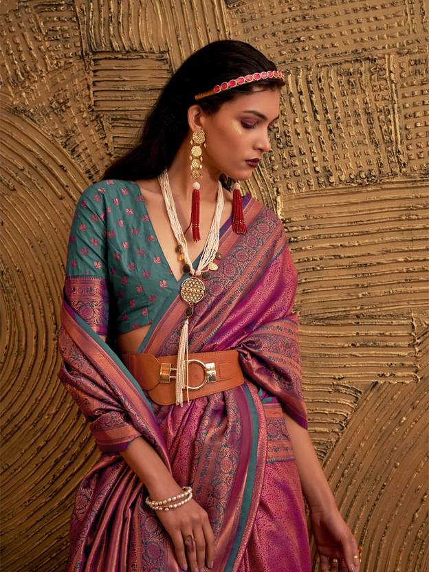 Pink Elegant Banarasi Silk Blend Woven Saree with Tassel Detailing ClothsVilla